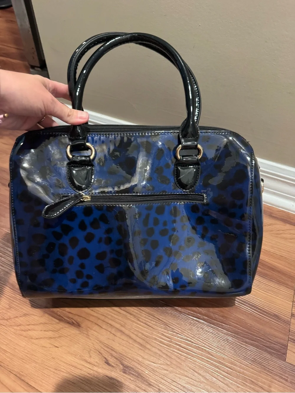 Blue Leopard Patent Satchel Handbag